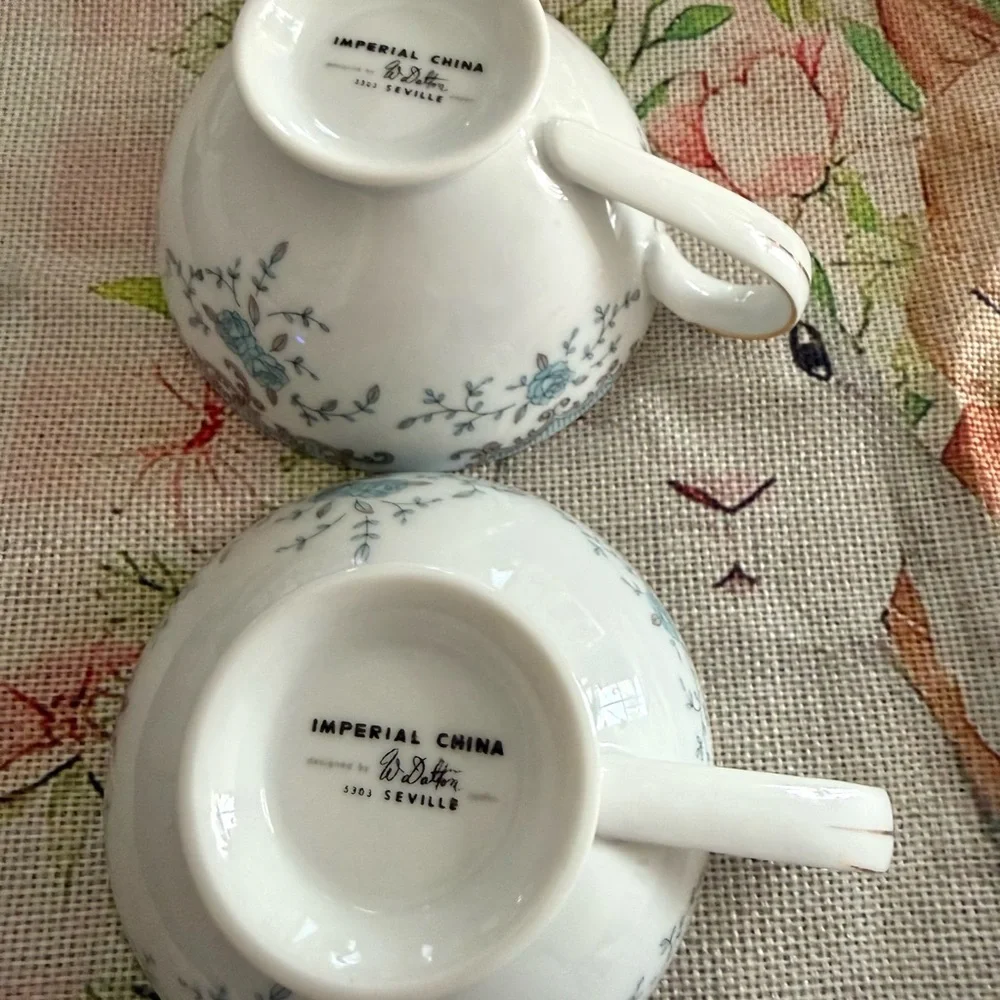 Vintage Floral Teacup & Bowl Set Blue Roses Gold Trim Cottagecore
